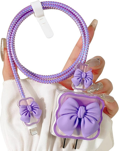 Lovmooful Compatible for iPhone 18W/20W USB-C Charger Cover Clear Lovely 3D Bowknot Waves Design Soft Charger Protector Cute Cable Case Saver Protector for Girls Women-Purple Bowknot