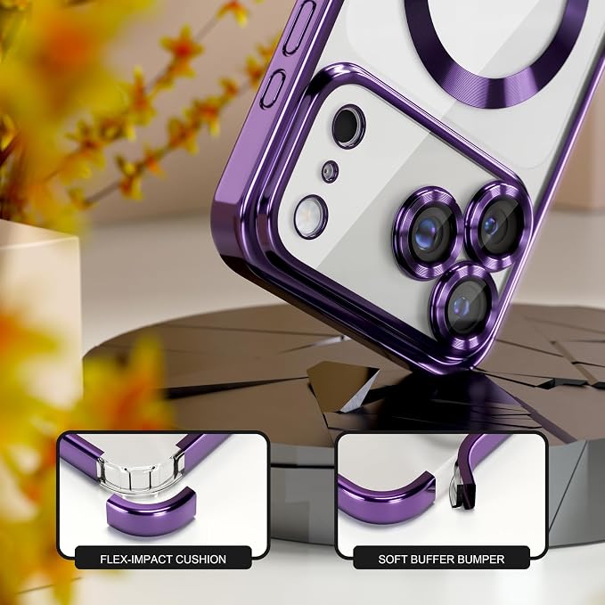 Misea Magnetic for iPhone 17 Pro Case Compatible with MagSafe [Never Yellowing] [Military Grade Drop Protection] Full Camera Lens Protector Plating Soft Clear Phone Case for Women, Deep Purple