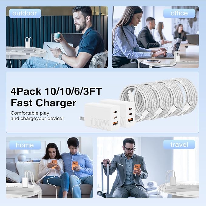 65W Super Fast Charger USB C for iPhone 17 16 15 Pro Max,2Pack 100W [65W Max] 3-Port USB C Wall Charger Block & 3/6/10/10FT Braided Type C Cord for iPhone 17,MacBook iPad for Samsung Galaxy S26 Ultra