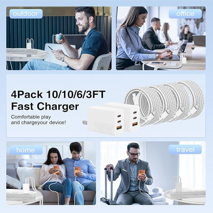 65W Super Fast Charger USB C for iPhone 17 16 15 Pro Max,2Pack 100W [65W Max] 3-Port USB C Wall Charger Block & 3/6/10/10FT Braided Type C Cord for iPhone 17,MacBook iPad for Samsung Galaxy S26 Ultra
