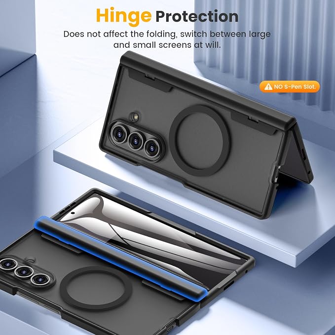Caka Magnetic for Samsung Galaxy Z Fold 7 Case with Hinge Protection Black | Compatible with MagSafe, Built-in Outer Screen Protector, Hinge Guard, Translucent Matte Back, 360° Hybrid Drop Defense