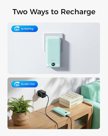 VEGER Portable Charger with Built-in AC Plug and Cables, All in One 10000mAh Ultra Slim Power Bank Travel Essentials, USB C External Battery Pack Compatible with iPhone, Samsung, More, Green