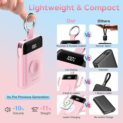 10000mAh Portable Charger,PD 22.5W Super Fast Charging Power Bank with Built-in Cables, Travel Keychain Battery Pack for iPhone 17/16/15/14/13/12,Apple Watch Ultra/11/10/9/8/7/6/SE (Pink)