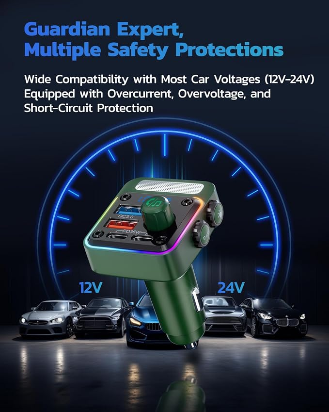 Nulaxy 54W Bluetooth 5.3 Car Adapter with 4 Charging Ports [PD 36W & QC3.0 18W], Wireless Radio FM Transmitter with Deep Bass Player & 5 Colors LED Backlit, Hands-Free Calling - Green