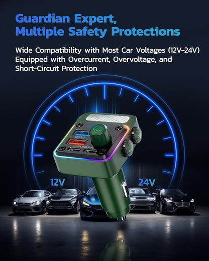 Nulaxy 54W Bluetooth 5.3 Car Adapter with 4 Charging Ports [PD 36W & QC3.0 18W], Wireless Radio FM Transmitter with Deep Bass Player & 5 Colors LED Backlit, Hands-Free Calling - Green