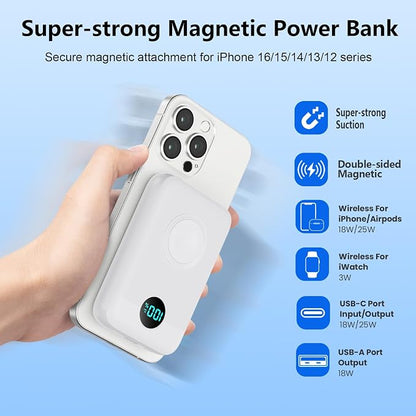 Magnetic Portable Charger for iPhone,10800mAh 25W PD QC4.0 Fast Charging USB C Power Bank,4 Output Dual-Side Magnet Travel Essentials Battery Pack for iPhone 17/Air/16/15/14/13/12 Series (White)
