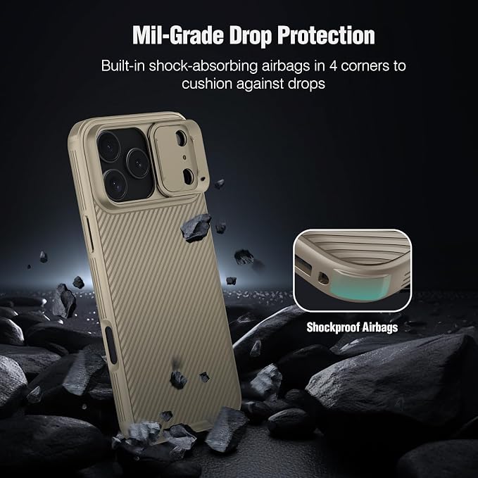 Nillkin Camshield Case for iPhone 17 Pro Max Case, [Built-in Dual Camera Cover][Slim Profile] [Military Grade Drop Protection] Shockproof Bumper Phone Case 6.9 inch 2025 Gold