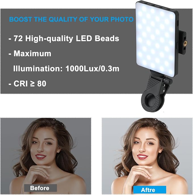 Selfie Phone Light with Front & Back Clips, LED Video Light Photography Lighting Lamp with 3 Light Modes for iPhone Computer Laptop Cameras Vlogging Makeup Tiktok