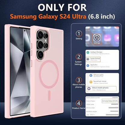 For Samsung Galaxy S24 Ultra Case [Compatible with Magsafe] Translucent Matte Magnetic S24 Ultra Phone Case,SlimThin Duty Shockproof Protection Cover with 2pc HD Screen Protector for S24 Ultra-Pink