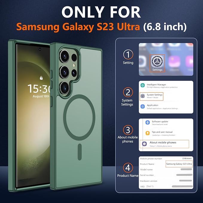 For Samsung Galaxy S23 Ultra Case [Compatible with Magsafe] Translucent Matte Magnetic Phone Case,Slim Thin Duty Shockproof Protection Cover with 2pc Screen Protector Case for S 23 Ultra-Dark green