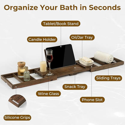 Venusmiles Teak Bathtub Tray Caddy, Foldable Bath Tray with Expandable Handles, Wine Glass and Phone Holders, Book Stand, for Home Spa Relaxation, Luxury Bathroom Accessories - Dark Walnut Color