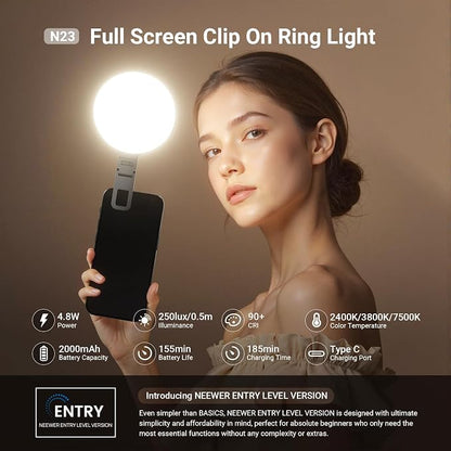 NEEWER Entry Level Version LED Selfie Ring Light, 4.8W Bi Color Edge Lit Clip Phone Fill Lighting with 2000mAh Battery, CRI90+ for Camera Laptop Computer Webcam Video Conference Makeup Recording, N23
