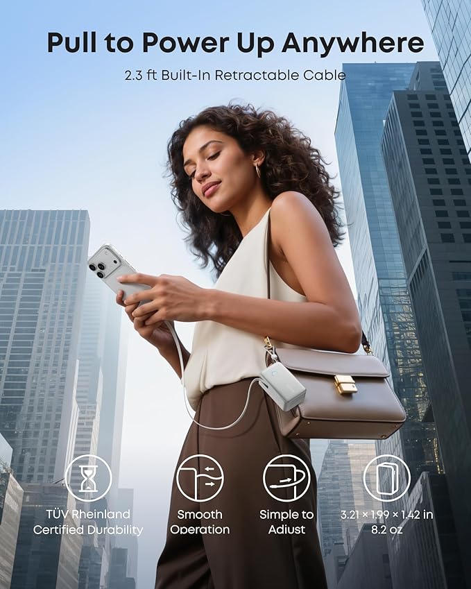 Anker Nano Portable Charger, 45W 10000mAh with 2.3 ft Retractable Cable, Compact Power Bank, Travel Essential Phone Battery Pack for iPhone 17/16 Series, iPad, Galaxy, Pixel, and More