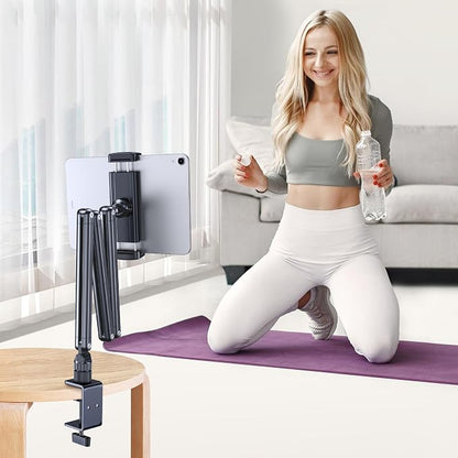 Tablet Desk Stand Holder, Extendable Arm Table Mount for iPad, Aluminum 360° Rotating Bracket with Metal Base, Compatible with 4.7-13 Inch Tablets, Phones, Samsung Galaxy, Kindle Fire HD
