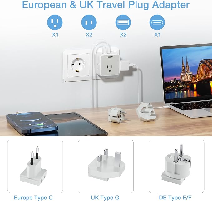 TESSAN All European UK Travel Plug Adapter Kit, International Detachable | 3 Outlets 3 USB Ports (1 USB C), Type C/G/E/F EU Ireland Power Adaptor, US to Europe Italy Spain France Greece