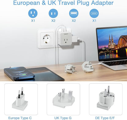 TESSAN All European UK Travel Plug Adapter Kit, International Detachable | 3 Outlets 3 USB Ports (1 USB C), Type C/G/E/F EU Ireland Power Adaptor, US to Europe Italy Spain France Greece