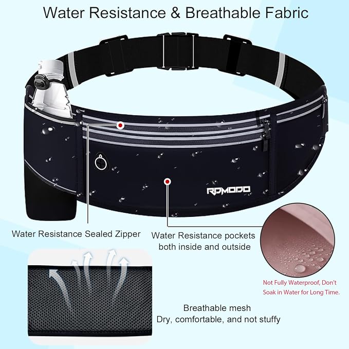 Slim Running Belt with Water Bottle Holder, Water Resistant Fanny Packs for Women Men，4 Pockets Running Phone Holder for Walking Cycling, Adjustable Waist Bag for iPhone 17 16 15 Samsung（Black）