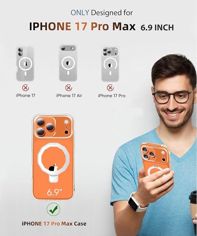 for iPhone 17 Pro Max Case with Screen Protector, Built-in Seamless Stand, [Compatible with MagSafe] Protective Shockproof Phone Case, Magnetic Cover for iPhone 17 ProMax 6.9 Inch - Clear