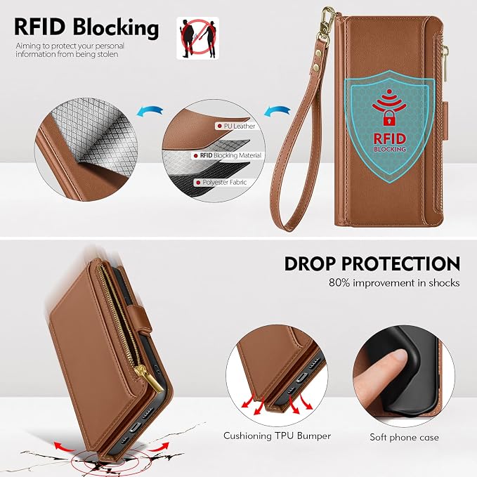 Antsturdy Compatible with iPhone 12 mini Wallet Case,RFID Blocking PU Leather Phone Case Women Men Kickstand Flip Cover Wrist Strap Zipper Credit Card Holder Slots,for Apple 12 mini,Light Brown