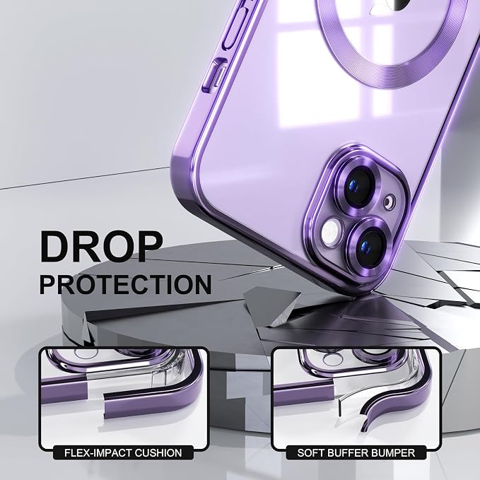 Misea Magnetic for iPhone 14 Plus Case Compatible with MagSafe [Never Yellowing] [Military Grade Drop Protection] Full Camera Lens Protector Plating Soft Clear Phone Case for Women Girls, Purple