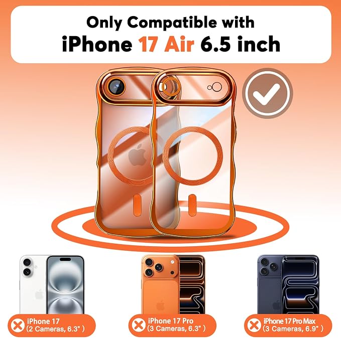 Misscase for iPhone Air Case with Privacy Screen Protector,Compatible with MagSafe,Cute Wave Frame Anti-Scratch Case with Camera Lens Protector Plating Bling Case for iPhone 17 Air Orange