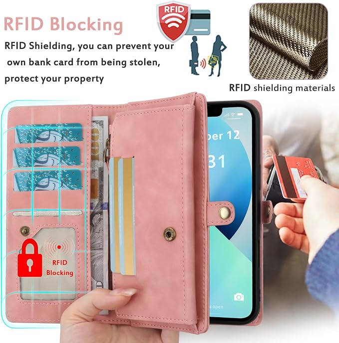 for Wallet Case Compatible with iPhone 14,Multi-Function Detachable 2 in 1 Magnetic iPhone 14 Case Wallet,Flip Strap Zipper Card Holder Phone Case with Shoulder Straps (Pink)