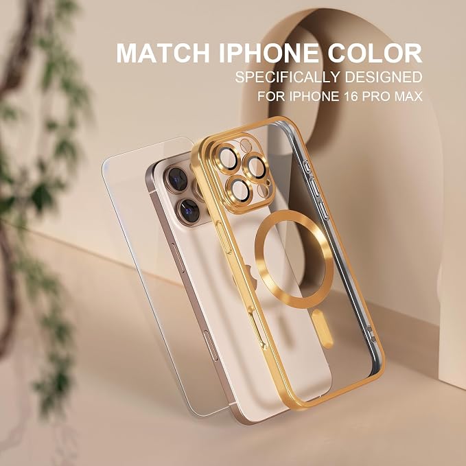Misea Magnetic for iPhone 16 Pro Max Case Compatible with MagSafe [Never Yellowing] [Military Grade Drop Protection] Full Camera Lens Protector Plating Soft Clear Phone Case for Women 6.9", Gold