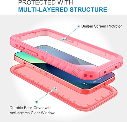 SPORTLINK for iPhone 13 Waterproof Case - Full Body Shockproof Dustproof Phone Screen Protector Rugged Waterproof Case for iPhone 13 6.1 Inches Pink