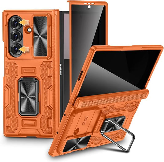 VEGO for Samsung Z Fold 7 Case Built-in Privacy Screen Protector, Orange | with Adjustable Kickstand & Slide Camera Cover[Hinge Cover]Full Body Shockproof Case for Samsung Galaxy Z Fold 7
