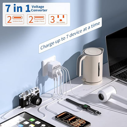 2000W Voltage Converter US to Europe for Hair Dryers, 7-in-1 220V to 110V Converter for European Travel with 3 AC/2 USBA/2 USBC Ports (PD20W), European Travel Adapter (White)