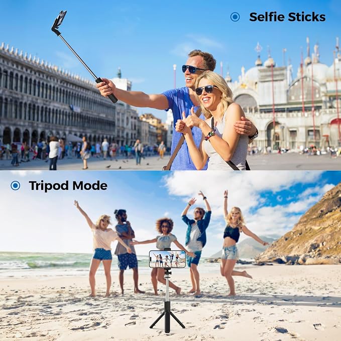 Selfie Stick Tripod, Retractable Selfie Stick Tripod with Wireless Remote Control, for Photograph, Live Streaming, Video Recording, Compatible with Android, iPhone and More