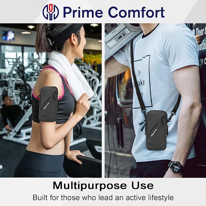 Prime Comfort Phone Holder Arm Band, Small Crossbody Shoulder Holsters Bag with Arm Bands, Fits iPhone and Android, Use for Running, Walking, Hiking & Biking (6.7 Inches, Black)