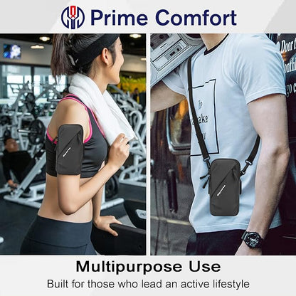 Prime Comfort Phone Holder Arm Band, Small Crossbody Shoulder Holsters Bag with Arm Bands, Fits iPhone and Android, Use for Running, Walking, Hiking & Biking (6.7 Inches, Black)