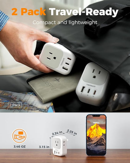 TESSAN US to Japan Plug Adapter PD 20W,2 Pack 2 Prong to 3 Prong Outlet Adapter with 4 Outlets and 3 USB (2 USB-C), Power Adaptor US to Japan China Mexico Philippines Canada Peru Thailand Vietnam