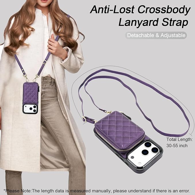 Bocasal Crossbody Wallet Case for iPhone 17 Pro, RFID Blocking PU Leather Zipper Handbag Purse Flip Cover, Kickstand Folio Case with Card Slots Holder Wrist Strap Lanyard 5G 6.3 Inch (Dark Purple)