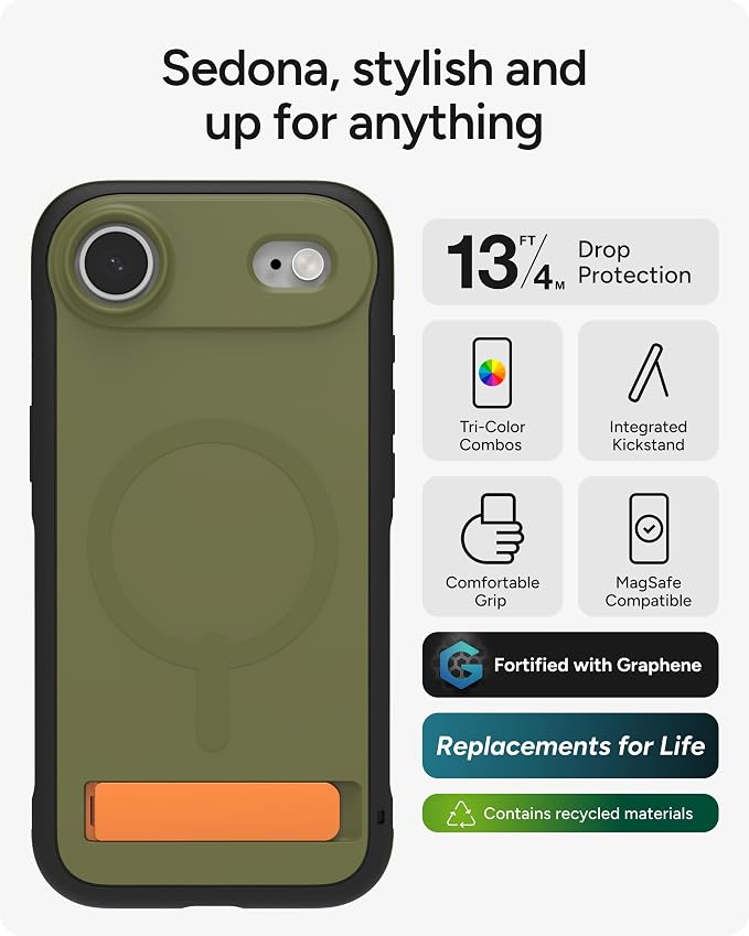 ZAGG Sedona Snap Case with Kickstand for iPhone Air - Green Sea Kelp, Drop Protection (13ft/4m), Multi-Layer Protection, with Camera Button, MagSafe Phone Case with Impact-Absorbing Bumpers