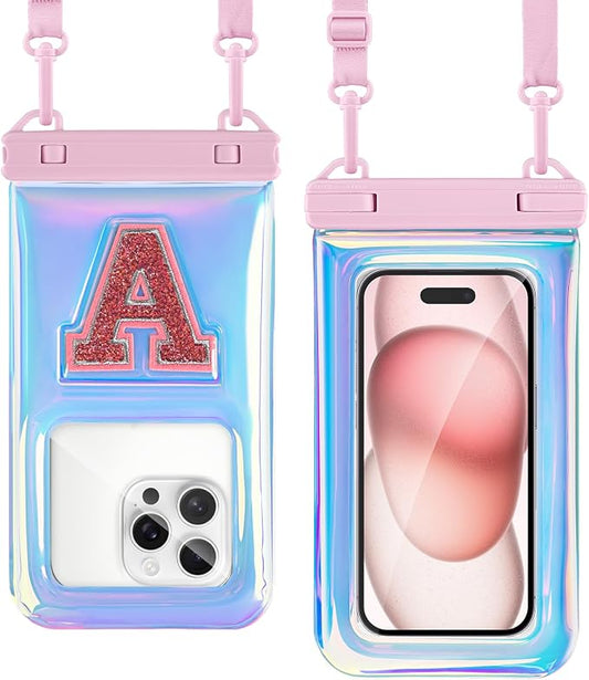 Waterproof Phone Pouch, IPX8 Floating Waterproof Phone Case Fits 7″Phones, Glitter Letter and Adjustable Neck/Crossbody Strap Design, Cruise Ship Travel Beach Essentials（Iridescent Pink