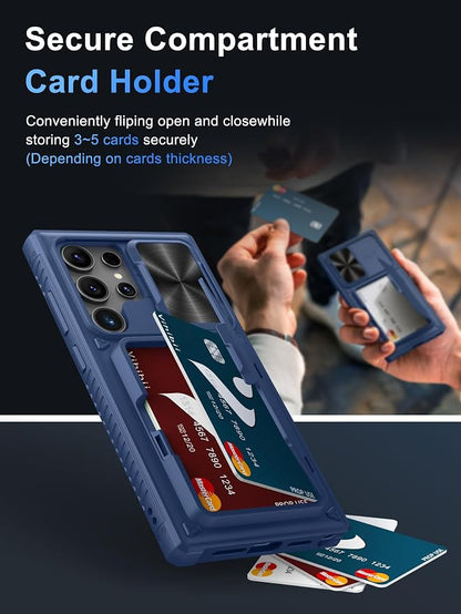 Vihibii for Samsung Galaxy S23 Ultra Case with Card Holder (4 Cards), Built-in 2X Tempered Glass Screen Protector & Slide Camera Cover & Kickstand, Rugged & Shockproof Phone Case for S23 Ultra, Blue