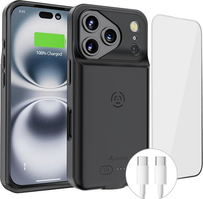 Alpatronix Battery Case for iPhone 17 Pro, Portable Strong Slim Protective Extended Charger Cover, 15W Fast Charging, High Capacity with Wireless Charging Case. Black