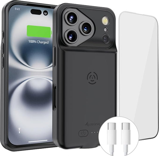 Alpatronix Battery Case for iPhone 17 Pro Max, Portable Strong Slim Protective Extended Charger Cover, 15W Fast Charging, High Capacity with Wireless Charging Case. Black
