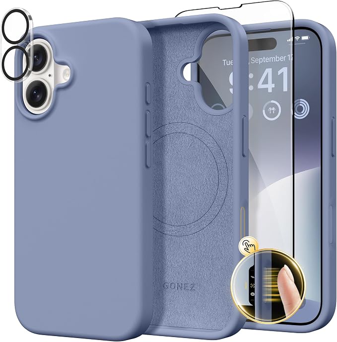 GONEZ Magnetic for iPhone 16 Case, Compatible with MagSafe, [Screen Protector + Camera Lens Protector], Liquid Silicone Shockproof Protective Phone Case for iPhone 16 6.1", Lavender Gray