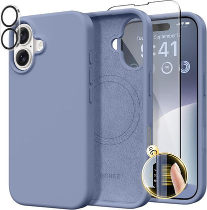 GONEZ Magnetic for iPhone 16 Case, Compatible with MagSafe, [Screen Protector + Camera Lens Protector], Liquid Silicone Shockproof Protective Phone Case for iPhone 16 6.1", Lavender Gray