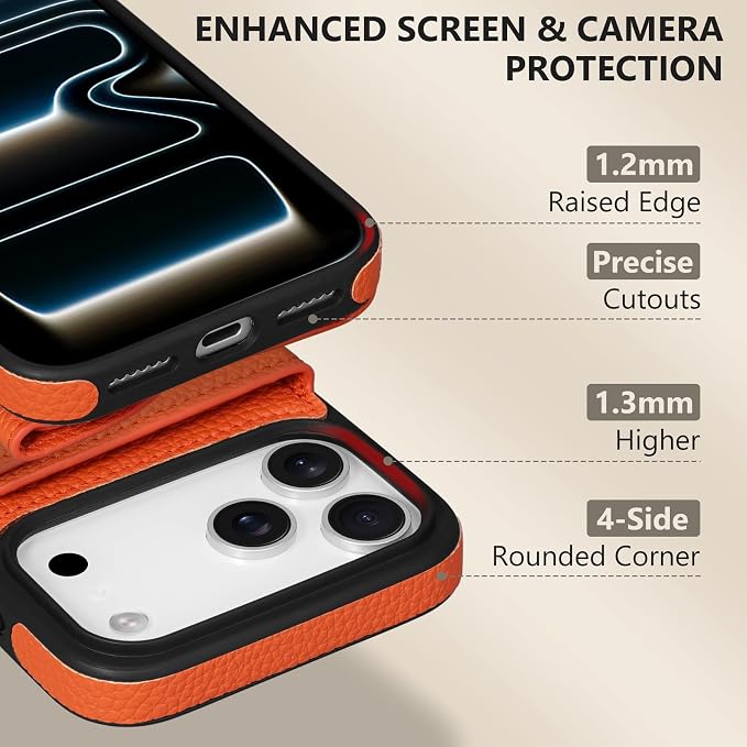 Keallce Case for iPhone 17 Pro Max 6.9" Crossbody Wallet Case, Lanyards & Wrist Straps with Phone Tabs, Flip Case with RFID Blocking 4 Card Holder Slots Kickstand, Protective Cover for Women, Orange