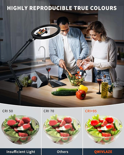 12" Overhead Phone Mount with Ring Light, 360° Circle Light - CRI >95 & Adjustable 72" Height, Phone Ring Light for Photography,Live Streaming, Cooking and Content Creation