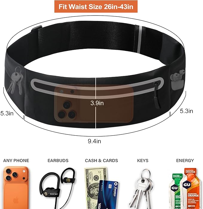 Slim Running Belt for Men Women - No-Bounce Phone Holder Waist Pack, Runners Fanny Pack with Sweat-Proof Pocket ，Travel Money Pouch for Gym/Hiking/Cycling (Black)