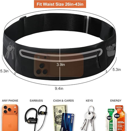 Slim Running Belt for Men Women - No-Bounce Phone Holder Waist Pack, Runners Fanny Pack with Sweat-Proof Pocket ，Travel Money Pouch for Gym/Hiking/Cycling (Black)