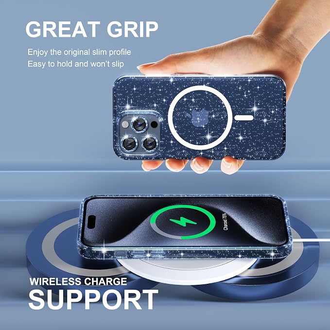 Choiche for iPhone 15 Pro Max Case Magnetic, Women Clear Glitter Bling Sparkly Case, [3xDiamond Camera Lens Protectors] [2xTempered Glass Screen Protectors] [Compatible MagSafe] (Glitter Blue)