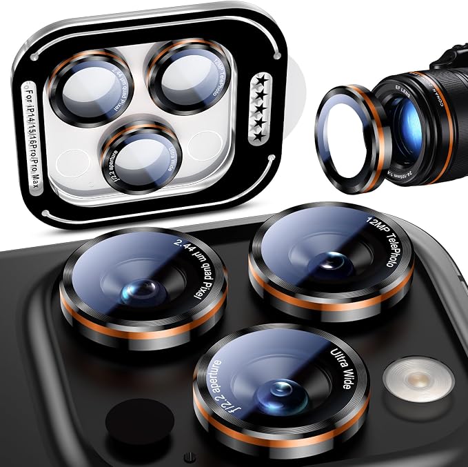 Uyiton for iPhone 17 Pro Max/17 Pro/16 Pro Max/16 Pro/15 Pro Max/15 Pro/14 Pro Max/14 Pro Camera Lens Protector - Military-Grade Tempered Glass Metal Camera Cover, Easy to Install,Black+Orange