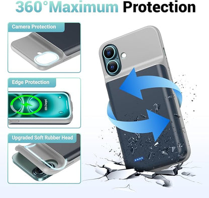 Battery Case for iPhone 16 Plus(6.7inch), Ultra-Slim 7000mAh Portable Extended Charging Charger Case [2026 Upgraded] Rechargeable Battery Back with Tempered Glass Screen Protector, Blue