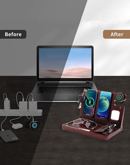 Nightstand Organizer with Dual Phone Wireless Charging Station for 2 iPhone,Apple Watch and Airpods,Bamboo Phone Docking Station,Gifts for Men Dad Husband